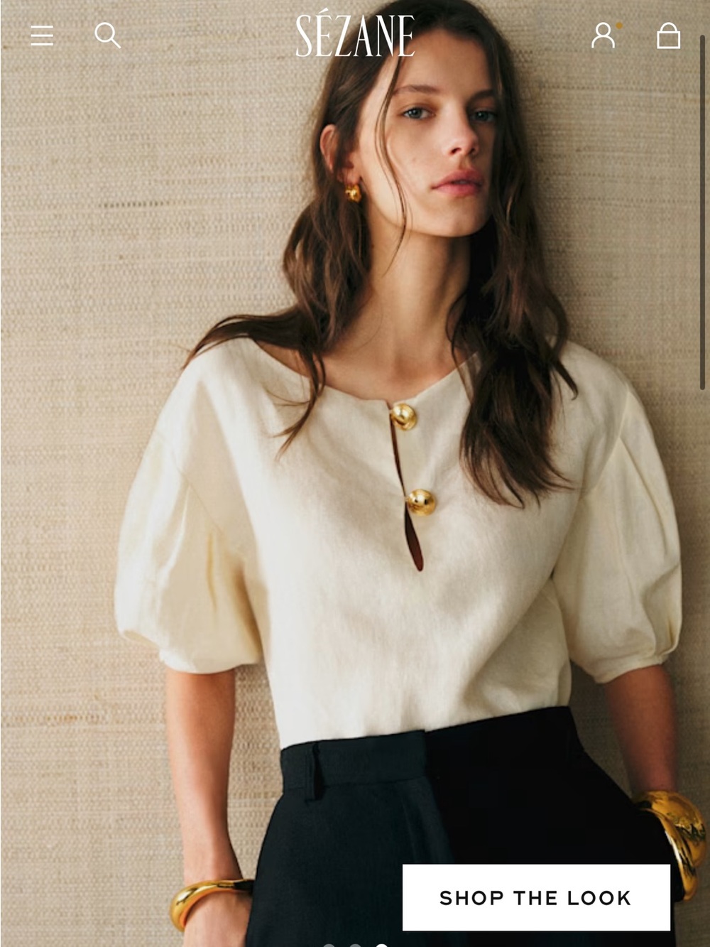 ☀️🍷Sezane GIUSTA BLOUSE in Ecru Cream/white Puff-Sleeve Linen Top Gold Buttons